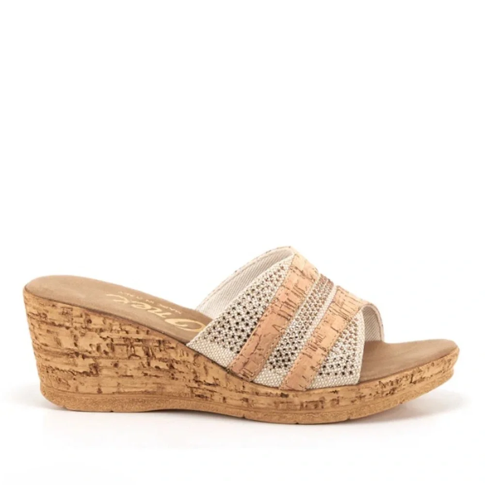 Onex‎ Style Blanche Wedge Slide Sandal in Cork & Neutral size 9 New -Rhinestones